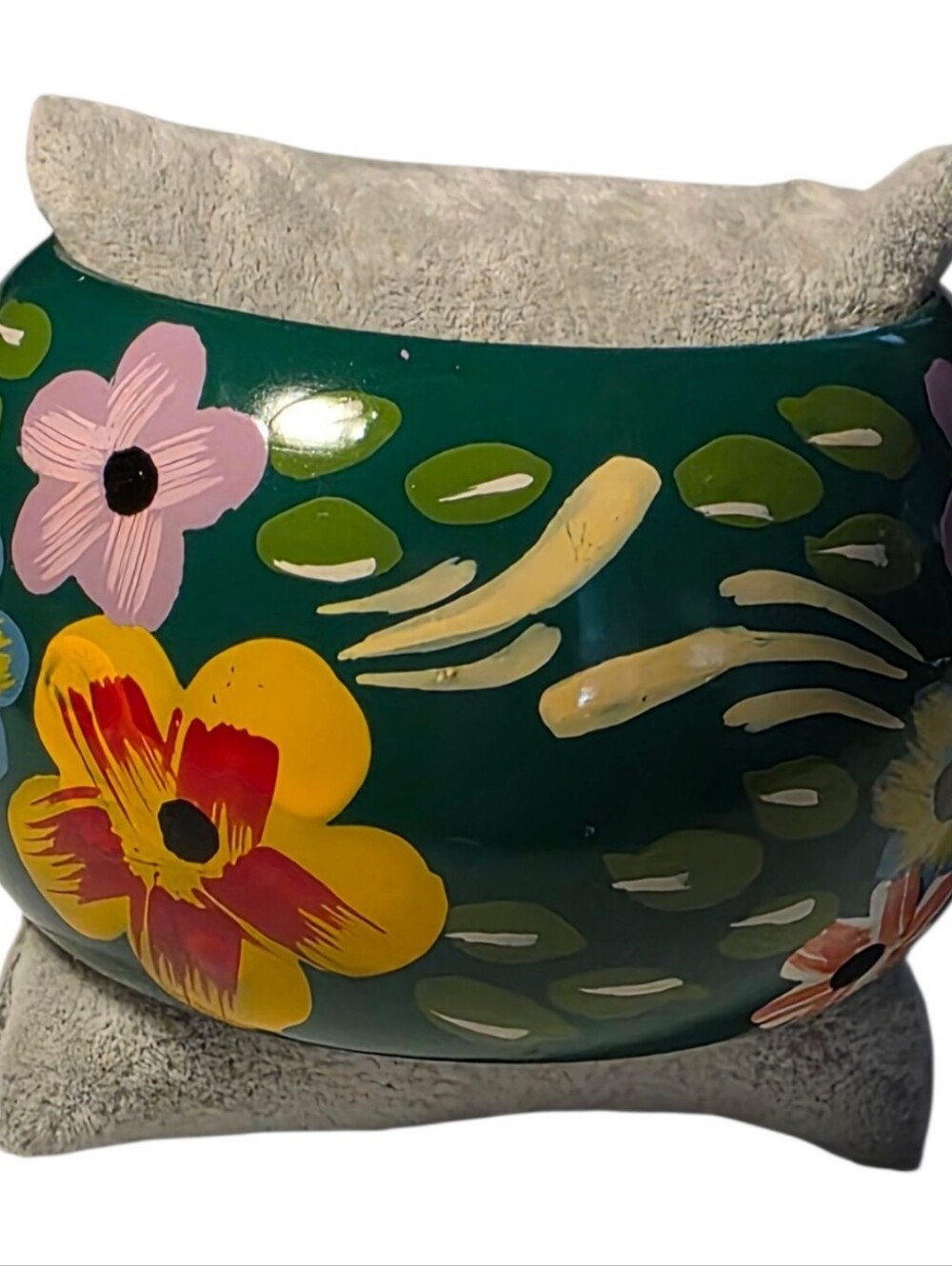 Vintage Hand Painted Wood Floral Bangle Bracelet Green Wide Chunky Statement